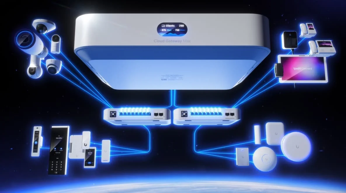 concept image of connected network devices in space. SecuraLynx managed IT security services for small businesses