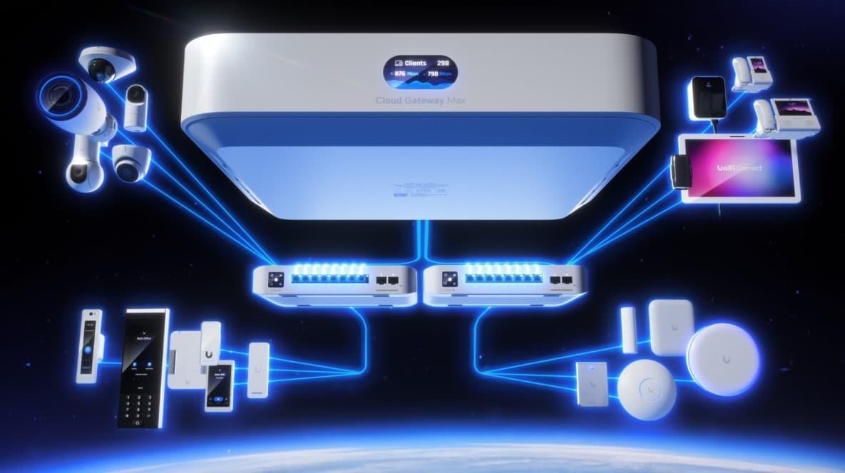 concept image of connected network devices in space. SecuraLynx managed IT security services for small businesses