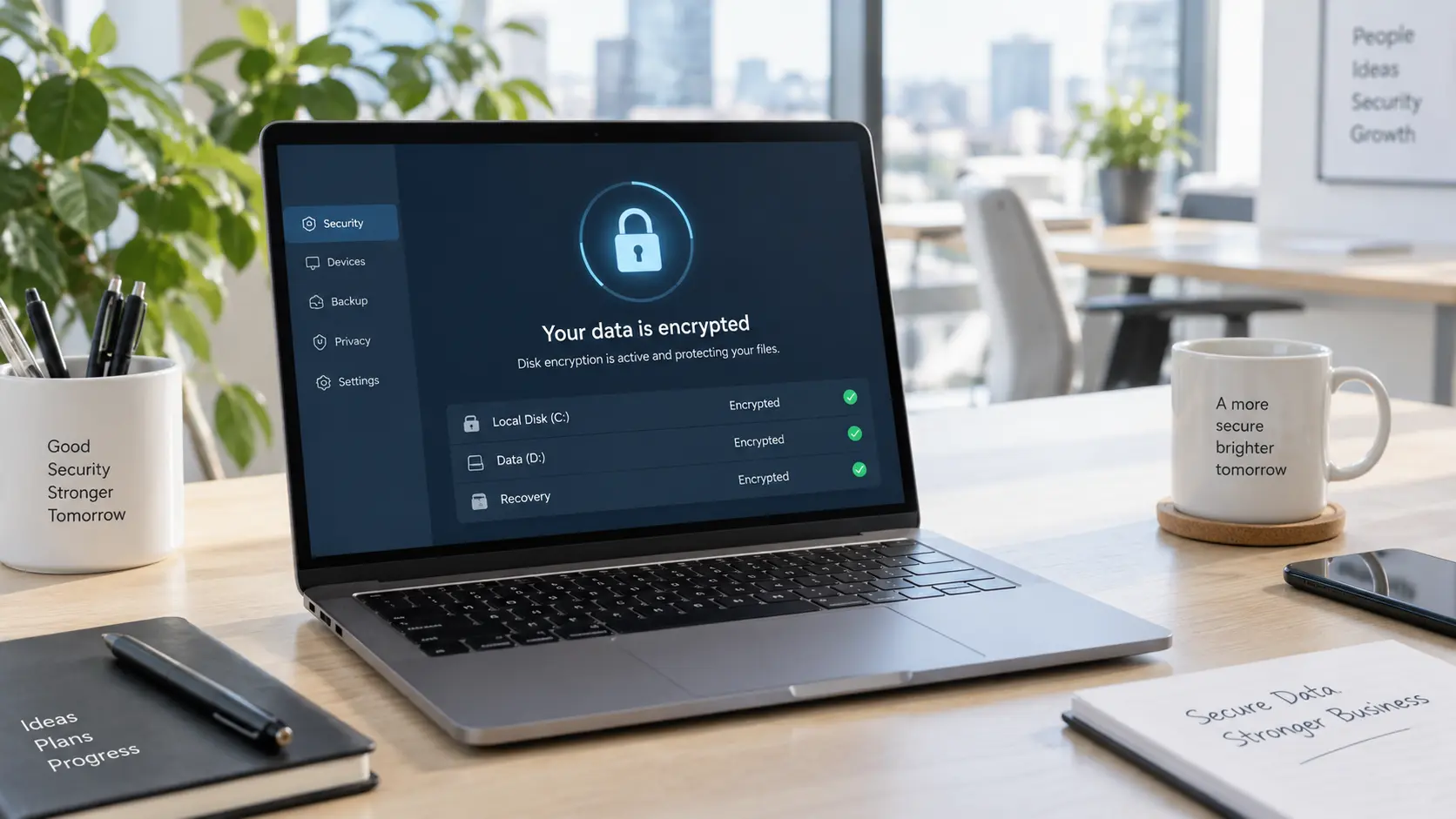 Disk encryption protecting business data on a lost or stolen company laptop