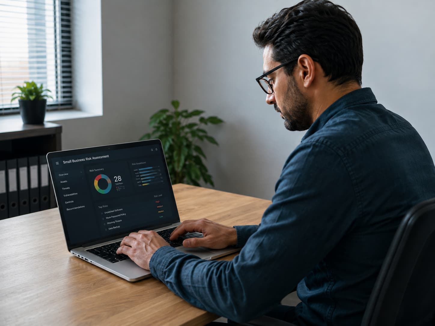 Cybersecurity professional reviewing a small business risk assessment