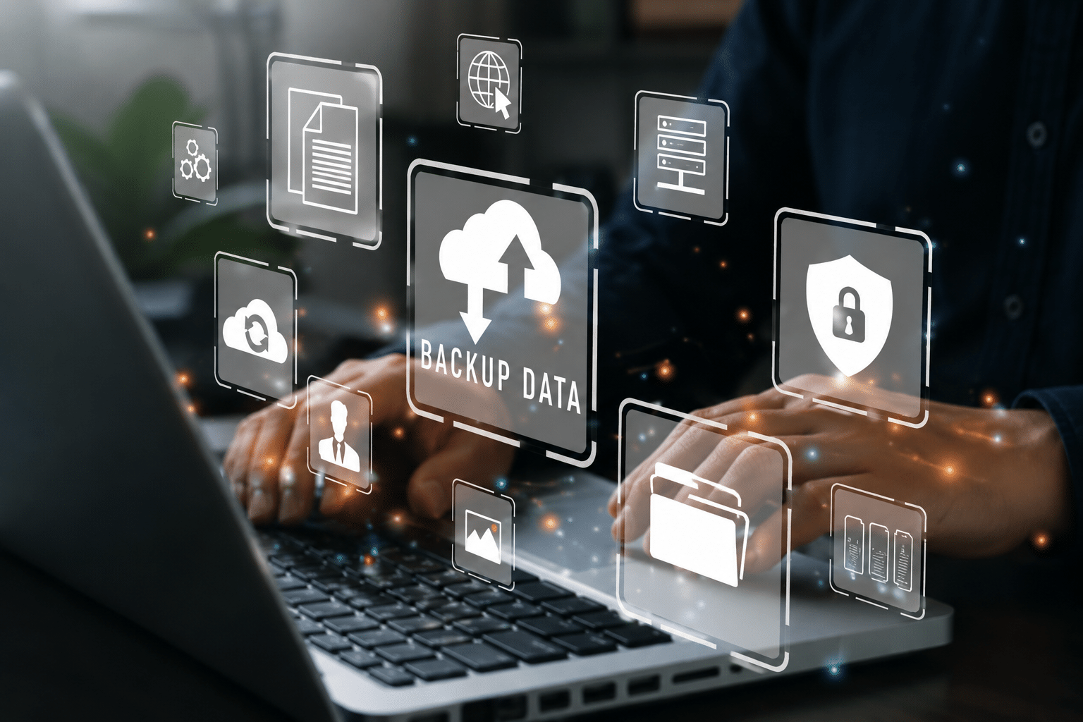 IT professional using a laptop with cloud backup, data security, server, and file protection icons