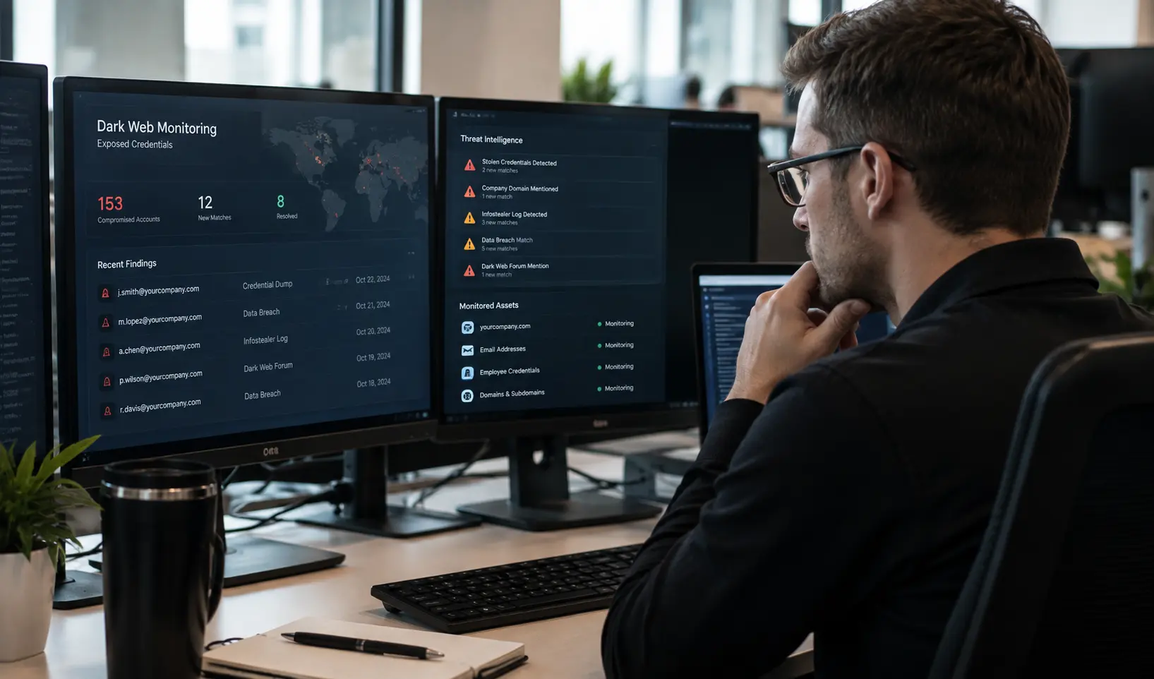 Dark web monitoring services for businesses reviewing exposed credentials and breached email accounts