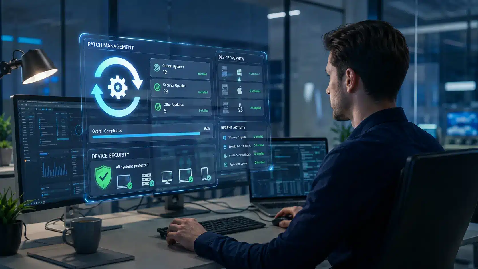 IT professional monitoring patches and security updates on unpatched business devices